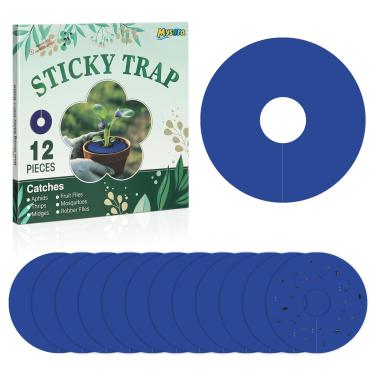 Imagem de Mysora 12 armadilhas para moscas de frutas, anel azul, armadilhas adesivas para insetos rastejantes, mosquitos, pulgões, moscas brancas, tripes seguros para ambientes internos e externos em vasos de