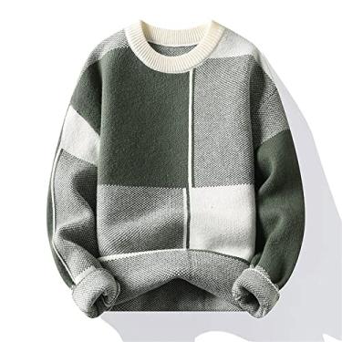 Imagem de Suéter pulôver masculino confortável gola redonda xadrez cor bloco patchwork manga comprida outono inverno (Color : Green, Size : XXXL)
