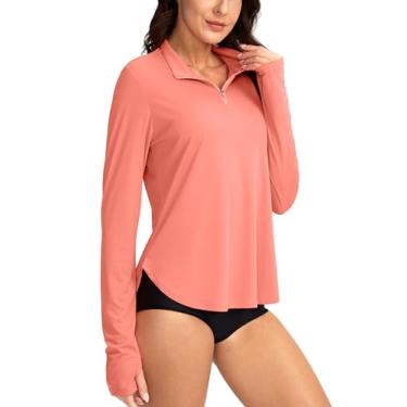 Imagem de Soothfeel Camisetas femininas FPS 50+ manga comprida com zíper 1/4 pulôver proteção solar UV camiseta de golfe para treino atlético para mulheres, Rosa coral, P