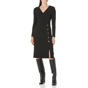 Imagem de Maggy London Midi feminino decote em V com detalhe de botões de saia lateral, Preto, 36