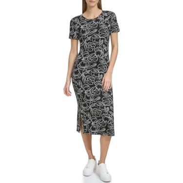 Imagem de Andrew Marc Vestido feminino midi estampado de manga curta com fendas, Floral preto/branco, M