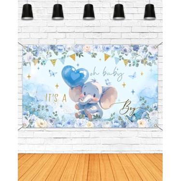 Imagem de Mocsicka Oh Baby Boy Pano de fundo azul elefante chá de bebê faixa de festa It's a Boy Baby Shower Banner tema elefante chá de bebê decoração suprimentos (azul, 179,8 x 110 cm)