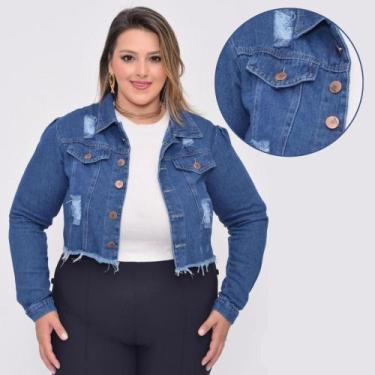 Imagem de Jaqueta Feminina Plus Size Jeans Cropped Curta Jeans Feminina Destoyed