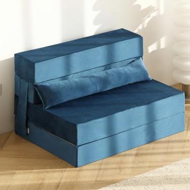Imagem de Tiita Colchão dobrável para sofá-cama tamanho solteiro, cadeira futon com travesseiro, azul e solteiro, veludo