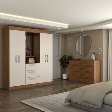 Imagem de Guarda-Roupa Solteiro Europa 4 Portas 3 Gavetas e Cômoda 6 Gavetas Cinamomo/Off White - Panorama Moveis