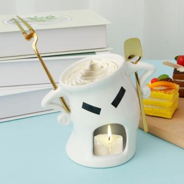 Imagem de Caneca de fondue de chocolate, mini caneca de fondue de cerâmica com garfo e faca, isolamento térmico para chocolate, queijo e caramelo, ideal para casa, acampamento e restaurantes