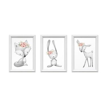 Imagem de Kit 3 Quadros Decorativos Bichinhos Com Flores 24X34Cm