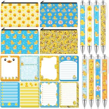 Imagem de Eaasty Conjunto de 20 peças de presente de pato, notas adesivas fofas com canetas, sacos de lápis, sacos de maquiagem, 7,6 x 10 cm, canetas esferográficas engraçadas de 1,0 mm, material de escritório