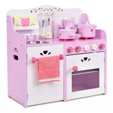 Imagem de Cozinha Infantil em Madeira com Tema de Morango, Som Realista e Panelas para Crianças A...