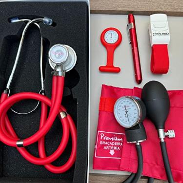 Imagem de Kit Enfermagem Vermelho Esteto Rappaport Esfigmo Lanterna Lapela e Garrote