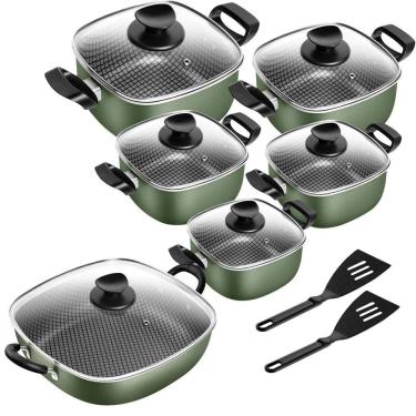 Imagem de Jogo Panelas Quadradas Verde Antiaderente Com Frigideira 2 Alças N-29 Wok 6 Peças Patolux