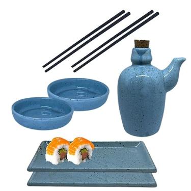 Imagem de Kit Sushi Comida Japonesa Porcelana 2 Pessoas Azul Mesclado 7 peças + Hashi Molheira 110mL