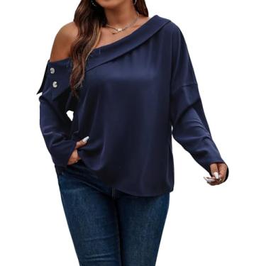 Imagem de SOLY HUX Blusa feminina plus size ombro de fora gola assimétrica manga longa casual tops, Azul marinho puro, 3G Plus Size