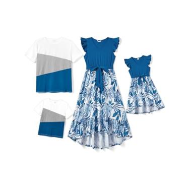 Imagem de PATPAT Conjunto de vestidos e camisetas de manga curta combinando com estampa floral combinando para a família, Porcelana azul, Small