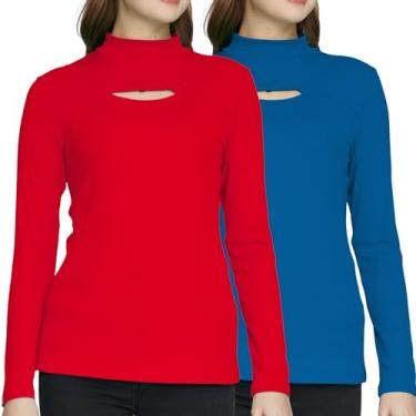 Imagem de SSLR Camisetas femininas de manga comprida com gola rolê canelada e elástica, Vermelho e azul., GG