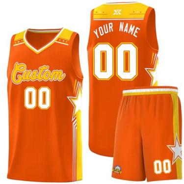 Imagem de Camiseta de basquete personalizada com logotipo de número de nome, regata e shorts estampados personalizados para homens mulheres jovens, 33. laranja/amarelo, One Size