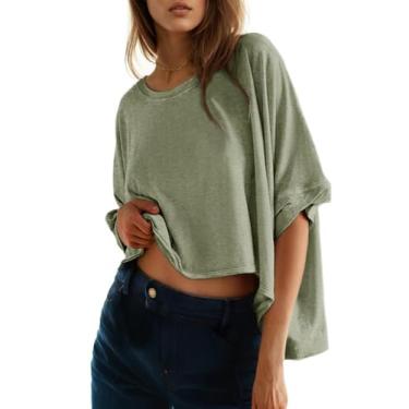 Imagem de Dokotoo Camisetas femininas lisas de verão 2024 para mulheres, largas, grandes, básicas, Meadow Mist Green, M