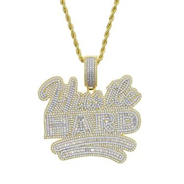 Imagem de ATJMLADYJEWELRY Colar com pingente rígido de ouro rosa, 2 cores, micro pavê 5A, zircônia cúbica gelada, hip hop, significado, letra Hustle, Latão, Zircônia cúbica
