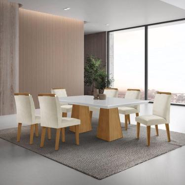 Imagem de Mesa Inovare 180 Tp Mdf Vidro/canto Reto com 6 Cadeiras Bugatti Creme /Off White / Imbuia Ripado