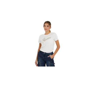 Imagem de GUESS Camiseta feminina ecológica com logotipo de renda e manga curta, Branco creme, M