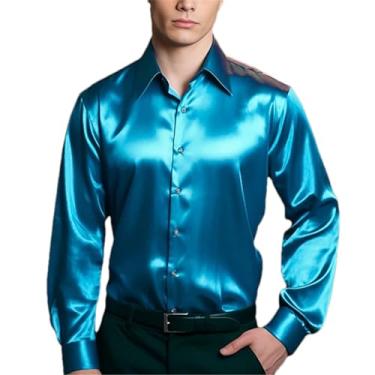 Imagem de Camisas e blusas masculinas de seda de cetim cor sólida slim fit festa manga longa social roupas masculinas, Azul, P