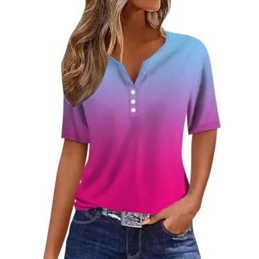 Imagem de Camisetas femininas de verão de manga curta com estampa gradiente, gola V, túnica de botão, blusa lisa, tecido leve, Azul, GG