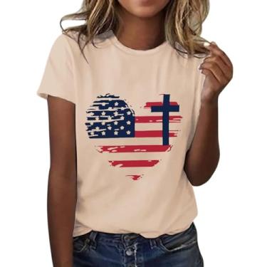 Imagem de Camiseta feminina Independence Day bandeira americana coração cruz camiseta patriótica verão gola redonda túnica manga curta, Bege, GG