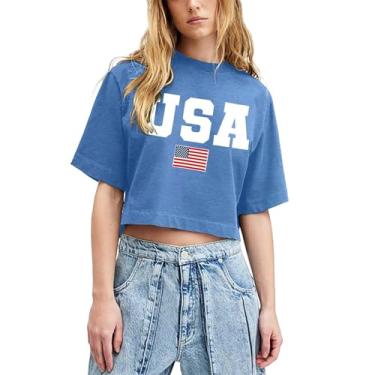 Imagem de Camiseta feminina com bandeira americana patriótica de 4 de julho camiseta manga curta Memorial Day camiseta cropped para meninas, #02 - azul, P