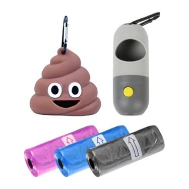 Imagem de Kit com 3 Rolo Refil De Sacos de lixo Pet + Porta Saquinhos Coletor Emoji de Cocô + Porta Saquinhos Higiênico Cata Caca em formato de Lanterna LED para passeio Noturno.
