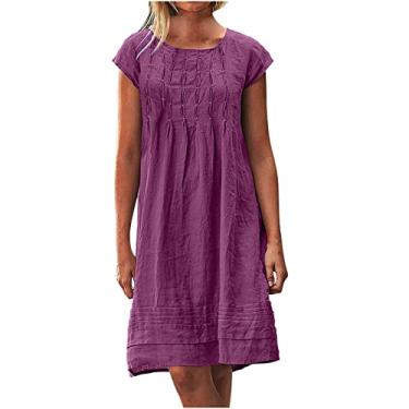 Imagem de Generic T-843 Purple Womens Hawaiian Pleated Tropical Basic Midi Dresses Loose Fit Dresses for Women Cap Sleeve Boat Neck Faux Linen Beach Casual Fall Summer Dresses 2024 5XL