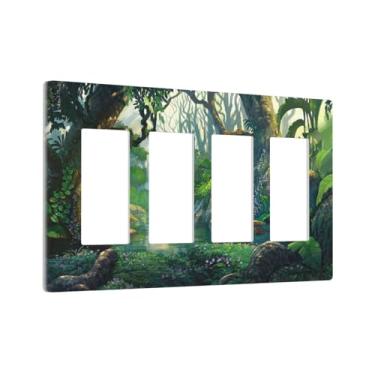 Imagem de Placa de interruptor de luz quadriciclo floresta floresta floresta selva lago rio decorativo 4 gangues placa de parede placa de parede placa elétrica folhas exuberantes planta mágica conto de fadas