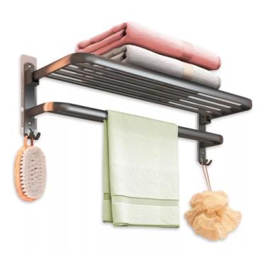 Imagem de Porta Toalha Suporte Duplo Toalheiro para Banheiro com Adesivo (Preto)