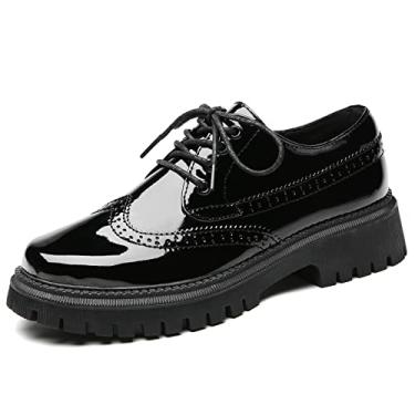 Imagem de IUY Sapato Oxford feminino vintage plataforma cadarço bico redondo couro envernizado brogues oxfords casuais para meninas senhoras mulheres, Preto, 38