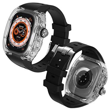 Imagem de Capa rígida translúcida com pulseira para Apple Watch Ultra de 49 mm, amortecedor transparente com pulseira de silicone para iWatch Ultra 49 mm, capa protetora tática militar de luxo resistente para Watch Ultra. (translúcido e preto 49 mm)