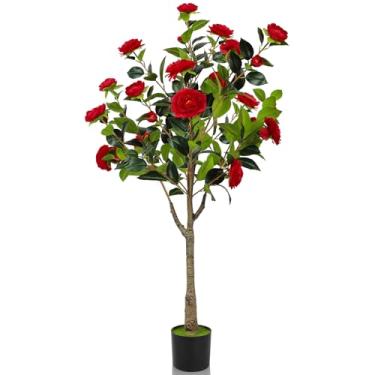 Imagem de PINPON Árvore artificial de flores de camélia, planta falsa, vaso de plástico com folhas de vegetação sintética, decoração de casa ao ar livre, interior, para sala de estar, jardim, pátio, escritório,