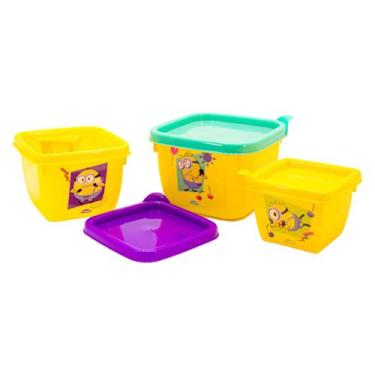 Imagem de Pote Infantil Kit com 3 Marmitas para lanche Escolar Plasútil, Minions