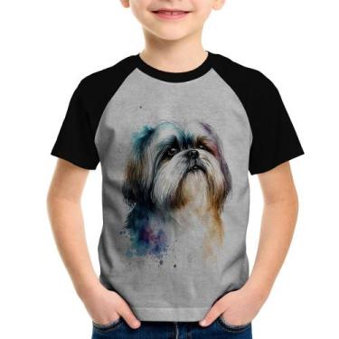 Imagem de Camiseta Raglan Infantil Cachorro Shih Tzu Watercolor - Foca na Moda, 