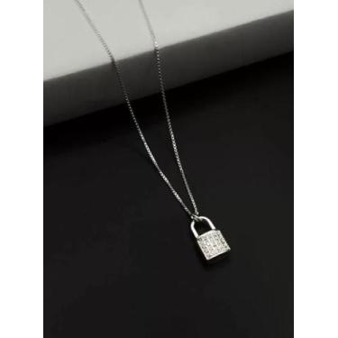 Imagem de Cordão Feminino Cadeado Cravejado Prata 950 50cm  TOJOIA18K