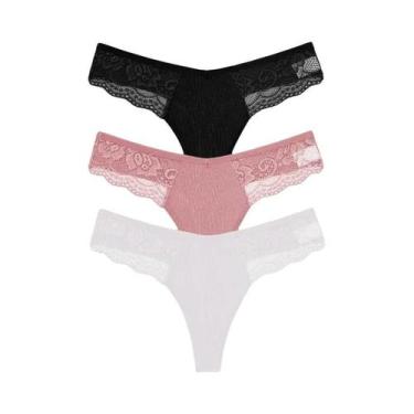 Imagem de Calcinhas Tangas de Renda e Algodão - 3 Peças - Cintura Baixa, S, Conj