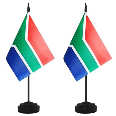 Imagem de Conjunto de 2 bandeiras de mesa da África do Sul, bandeira de escritório pequena mesa em miniatura da África do Sul com poste preto de 30 cm e base preta, escritórios, sala de aula, casa, decoração de