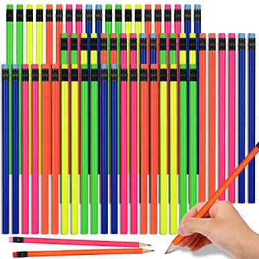 Imagem de Lápis de neon para crianças HB Wood Pencil com borracha Lápis de madeira de cor fluorescente lápis coloridos redondos para escrever, desenho, escolar, estudante, recompensa (90)