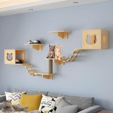 Imagem de Prateleiras de parede para gatos - Prateleiras para gatos, conjunto de móveis de parede para gatos com poleiros e degraus, espessura da placa de madeira de 1,5 cm para condomínios internos para gatos,