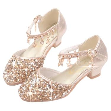 Imagem de LFHT sandálias infantis para meninas com glitter e lantejoulas, salto baixo, sandálias de festa Mary Jane, strass, Dourado, 9 Toddler