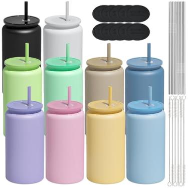 Imagem de UIRZOTN Pacote com 10 copos de vidro com tampas e canudos, copos de aço inoxidável de 473 ml, copos de cerveja, xícaras de café gelado, copos de smoothie, copos de bebida, verde (acabamento fosco