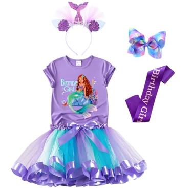 Imagem de Conjunto de roupa de aniversário de sereia – camisa, vestido tutu arco-íris, faixa de cetim, faixa de cabeça – presentes de aniversário para fantasia de meninas (sereia 10, 7 anos)