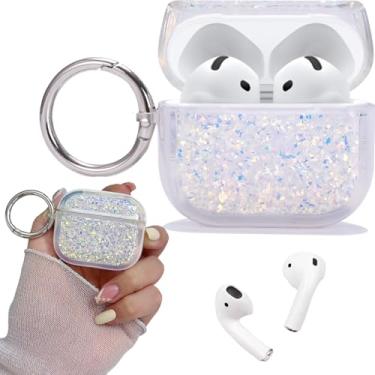 Imagem de Ephoou Capa de fone de ouvido para Airpods 4ª para meninas e mulheres, capa de silicone macio com glitter brilhante líquido fofo com chaveiro para AirPods 4 gerações, branco