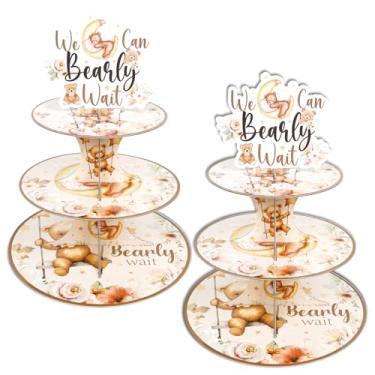 Imagem de Keluna Decoração de chá de bebê Bear – 2 peças de 3 camadas We Bearly Wait Suporte de cupcake para chá de bebê para festa de primeiro aniversário, suportes de sobremesa a granel para lembrancinhas de
