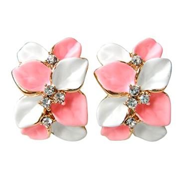 Imagem de Navachi Brincos banhados a ouro 18 k branco cristal branco com folhas de esmalte duplo e costas ômega, Zinco Cristal, Cristal