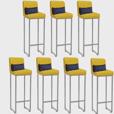 Imagem de Kit 07 Banqueta Alta com Encosto Lucca Industrial Cozinha Balcão Ferro Cinza Sintético Amarelo e Almofada Azul Marinho - Ahz Móveis