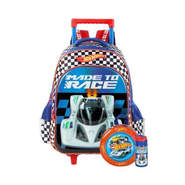 Imagem de Kit Mochila Rodinha + Lancheira + Garrafa Hotwheels - Azul